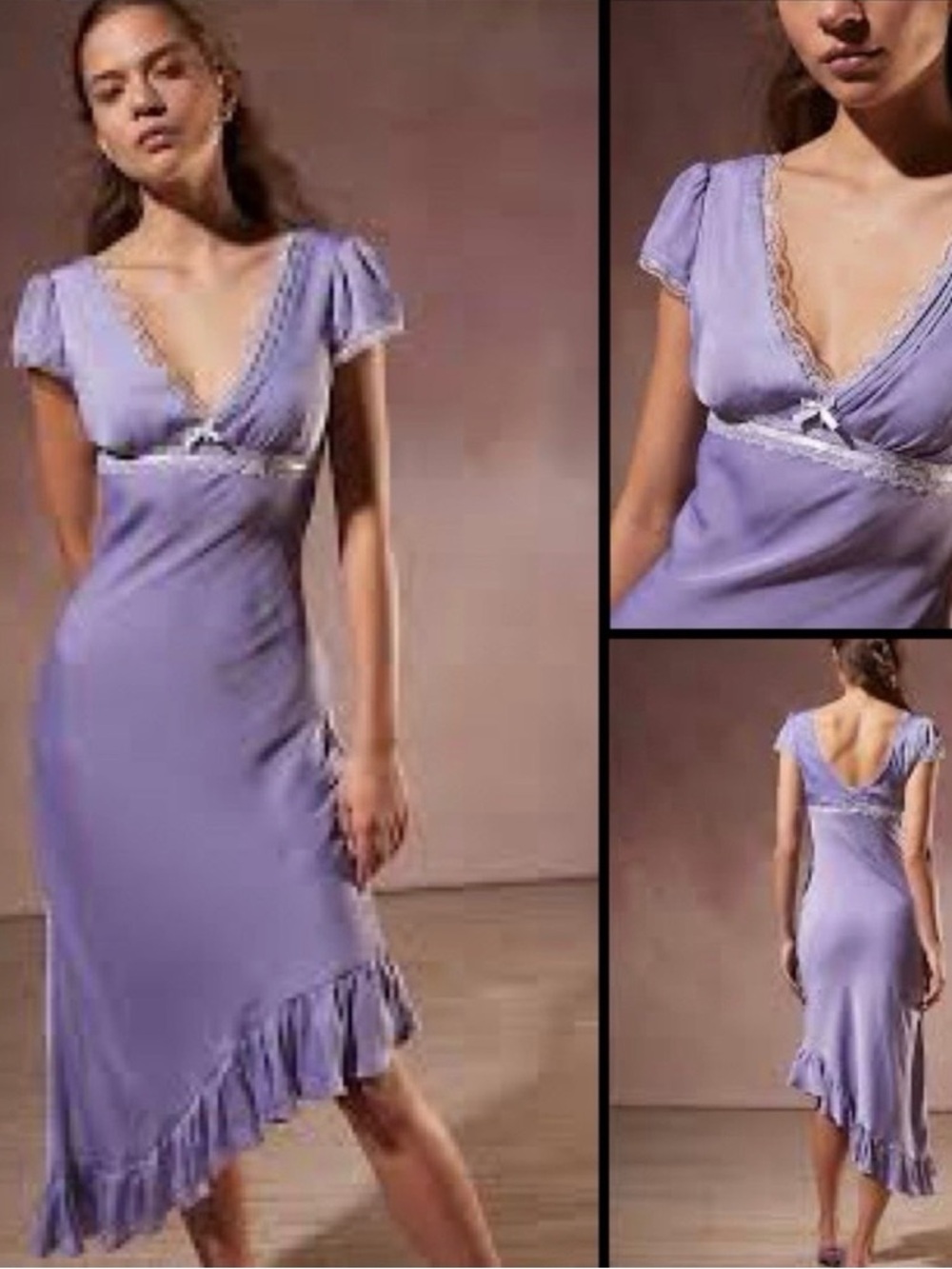 Kimchi Cora Lace-Trim Asymmetrical Midi Lavender Coquette Slip Satin Dress M